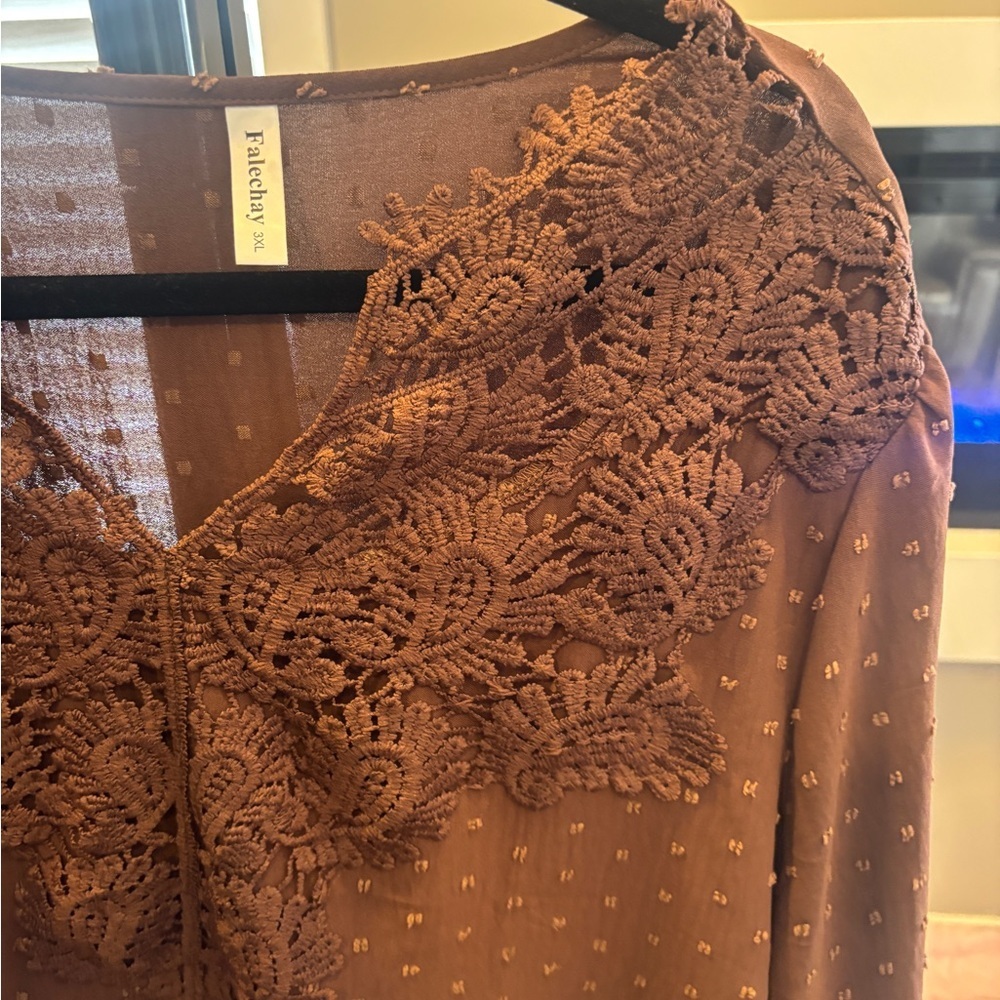 Brown Crochet Yoke Long Sleeve Blouse - Picture 4 of 5